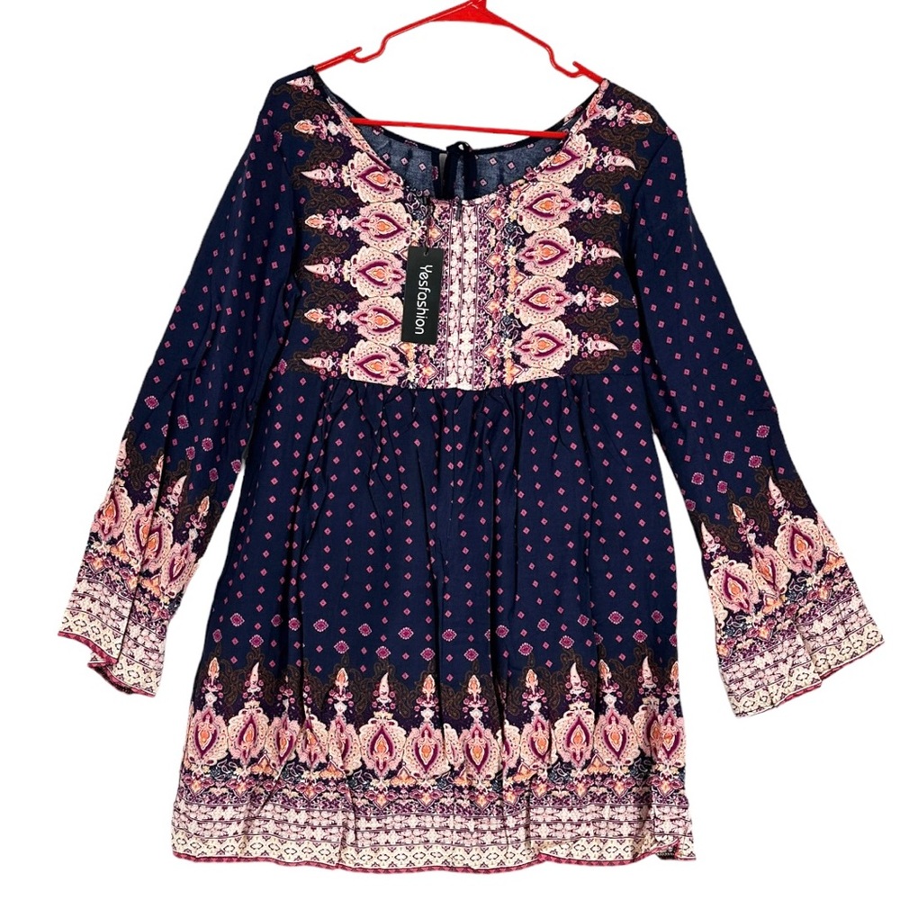 Yes Fashion Women’s Long Sleeve Boho Multicolored Midi Dress Size M.